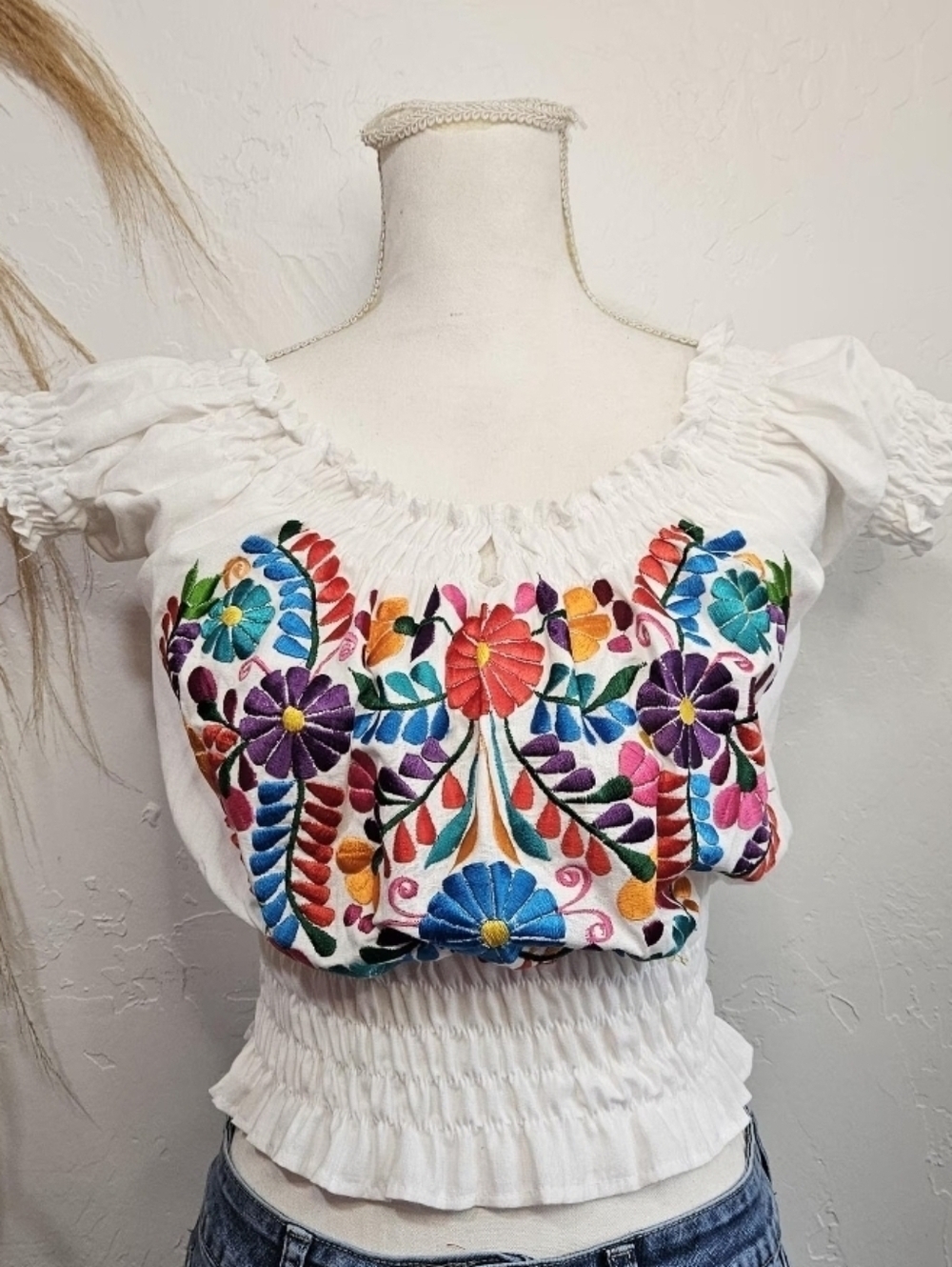 Embroidered Floral Fiesta Cotton Off Shoulder Blouse Boho Peasant Crop Top